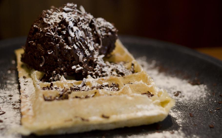 The chocolate mousse waffle is a decadent and more traditional offering of The Waffle House in Norwich.