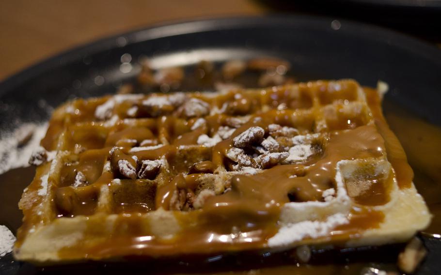 The pecan nut waffle with butternut sauce is one of several desserts offered by The Waffle House.