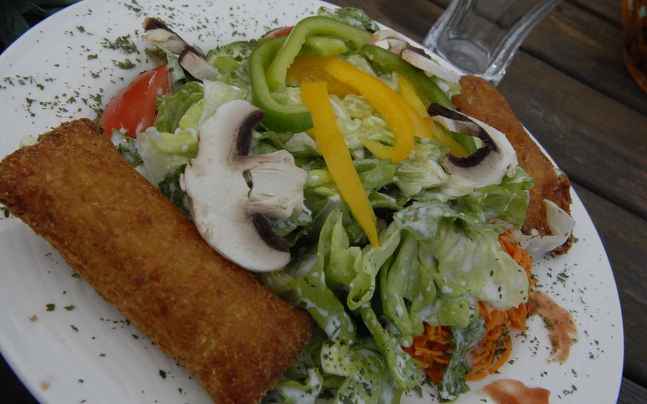 A salad with "potato pockets" is among the items on the menu at Bernd's Blockhaus. 