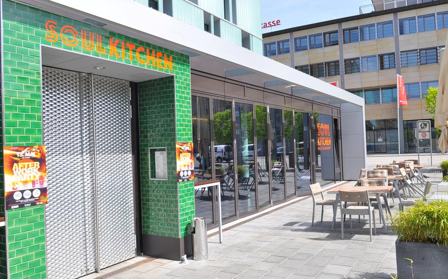 The Soul Kitchen restaurant in Kaiserslautern, Germany, has limited seating outdoors on the Stiftsplatz.