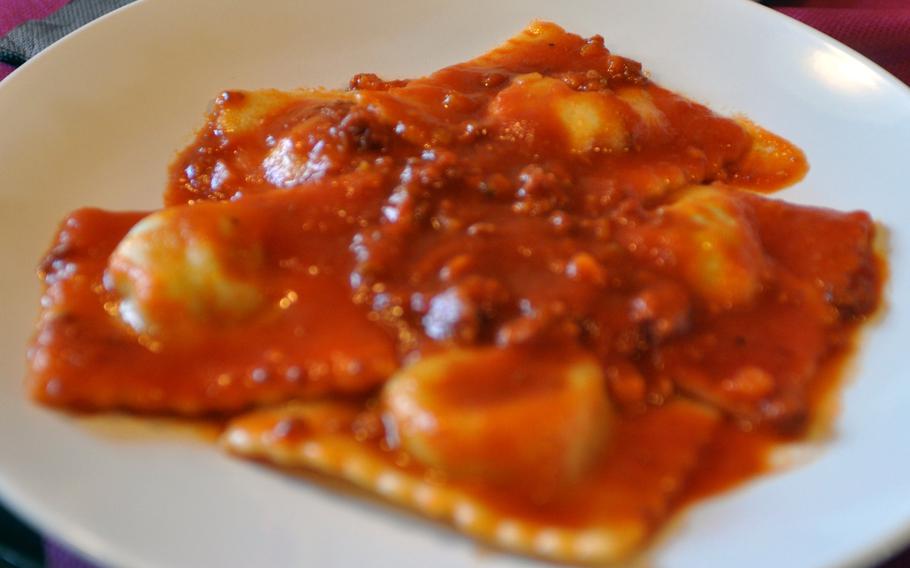 This ravioli dish at Al Bronzetto in Aviano, Italy, is stuffed with spinach and ricotta cheese and topped with a meat sauce.