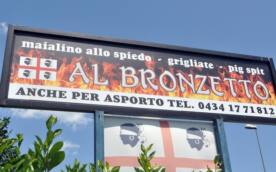 Al Bronzetto is a restaurant located on a road that's between the back and front gates of Aviano Air Base, Italy. It's operated by a family originally from Sardinia and specializes in roasted pig - though you've got to order ahead to get that.