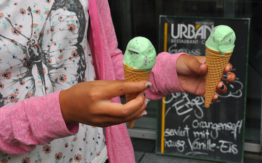 A scoop of mint gelato topped off a recent meal at Urban Vital, a restaurant featuring international and vegetarian dishes in downtown Kaiserslautern.