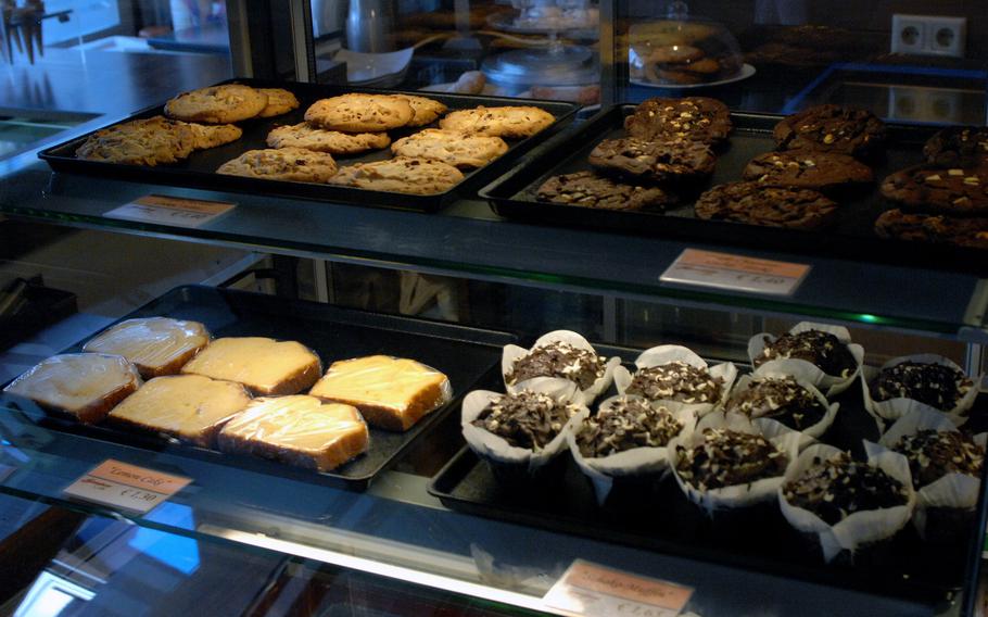 Cookies, muffins and sweet bread are displayed at Sander's Cafe in Landstuhl, Germany. The restaurant serves a wide variety of breakfast items, lunch options, sweets and hot and cold drinks.