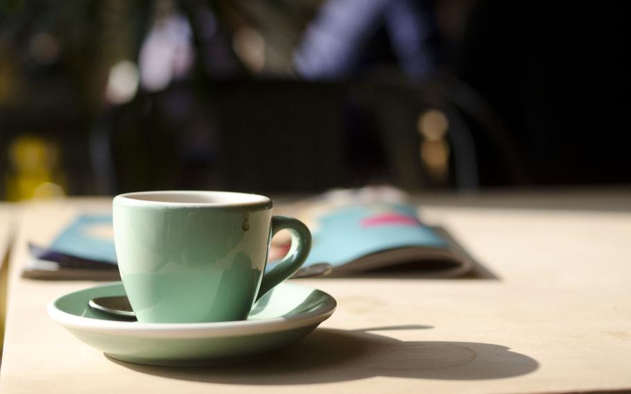 Espresso from the Espresso Library in Cambridge, England, is served in a demitasse. In a nod to its home city, the cafe uses Cambridge blue color. 