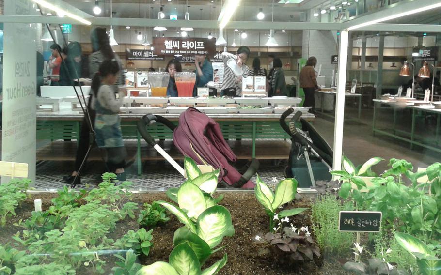 Customers peruse the buffet inside Seven Springs restaurant in Seoul's COEX Mall in South Korea. The extensive salad bar offers about a dozen pre-made dishes in addition to a build-your-own salad with a wide selection of toppings.