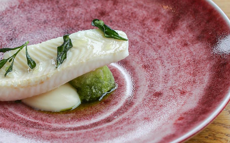 Lemon sole, cauliflower puree, crispy oyster and wild garlic oil as served at Restaurant Nathan Outlaw in Port Isaac, Cornwall, England.