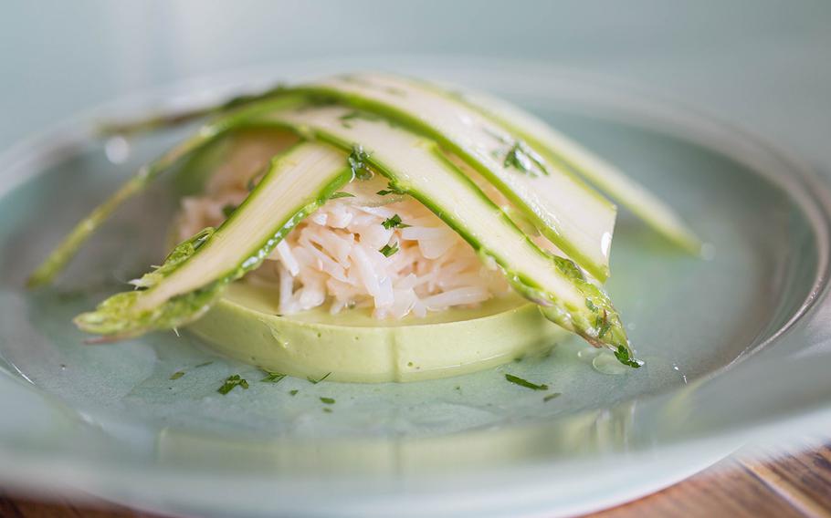 Port Isaac crab and St. Enodoc asparagus as served at Restaurant Nathan Outlaw in Port Isaac, Cornwall, England.