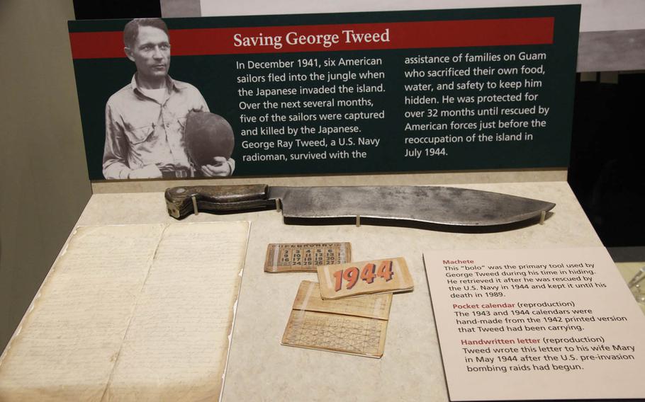 On display at the visitor center of the War in the Pacific National Historical Park Guam is the bolo knife used by George Tweed as he evaded capture by the Japanese for almost three years on Guam during World War II.