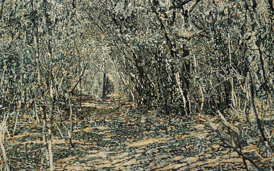 "Waldweg" (Forest Walk) is among the paintings on display at an exhibit of works by Franz Gertsch at Saarlandmuseum?s Moderne Galerie in Saarbruecken, Germany. A short documentary showing Gertsch at work on the painting deepens the viewer's appreciation of the Swiss photorealist's technique.  

