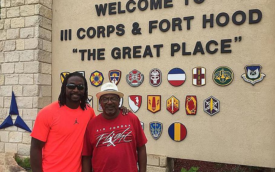 NFL cornerback Charles Tillman, left, and his father, Donald Tillman, at Fort Hood, Texas, on May 15, 2015. Charles Tillman shares experiences from his childhood in the new book "The Middle School Rules of Charles Tillman," as told by Sean Jensen. Many of those experiences are associated with being a military dependent. Donald Tillman was in the Army for 20 years before retiring in 1997.