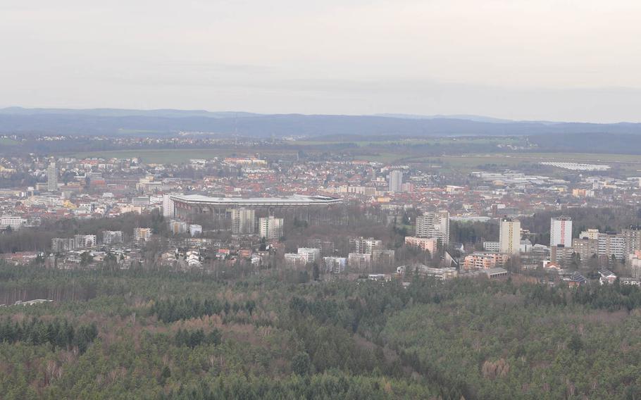 The city of Kaiserslautern as seen from the observation deck on top of the Humbergturm. The tower can be reached via several trails through the Palatinate Forest south of Kaiserslautern, Germany. It sits on a hill about 1,900 feet above the city.
