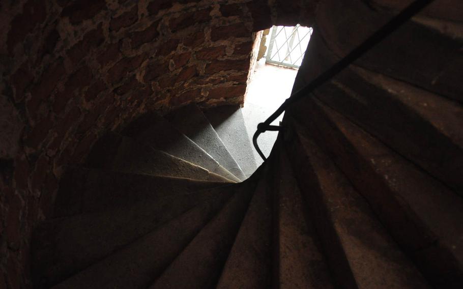 The winding stone staircase inside the Humbergturm just south of Kaiserslautern, Germany, has 162 steps.