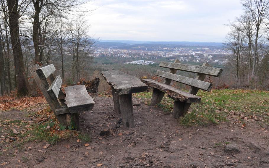 A picnic table near the Humbergturm offers great views of the city of Kaiserslautern, Germany.