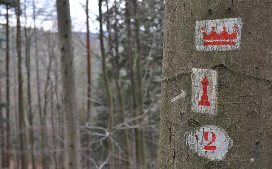 The trail to Humbergturm, south of Kaiserslautern, Germany, is well-marked.