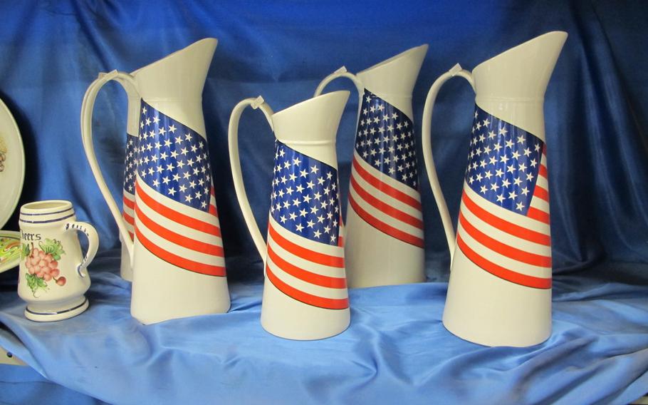 American servicemembers and families are frequent and welcome visitors to the ceramics factories in Nove, Italy, as evidenced by these patriotic pitchers at Ceramiche Larry SKG.