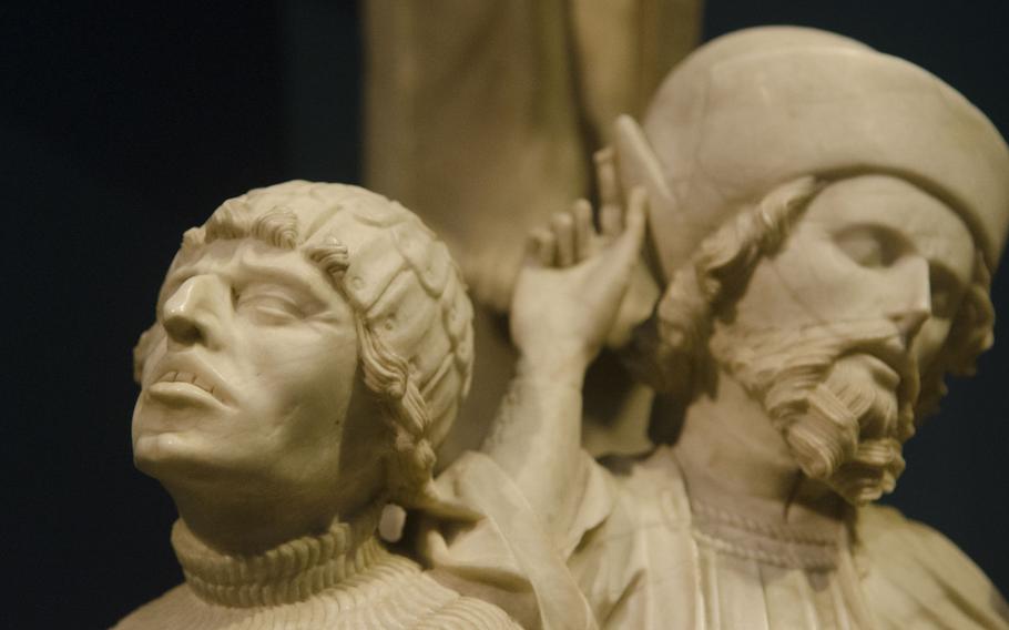 A detail from a group of alabaster sculptures from the Crucifixion Altar group at the Liebieghaus museum in Frankfurt, Germany, shows the realistic style in which men were portrayed in the 15th century. In contrast, all women in the group are identical and idealized.