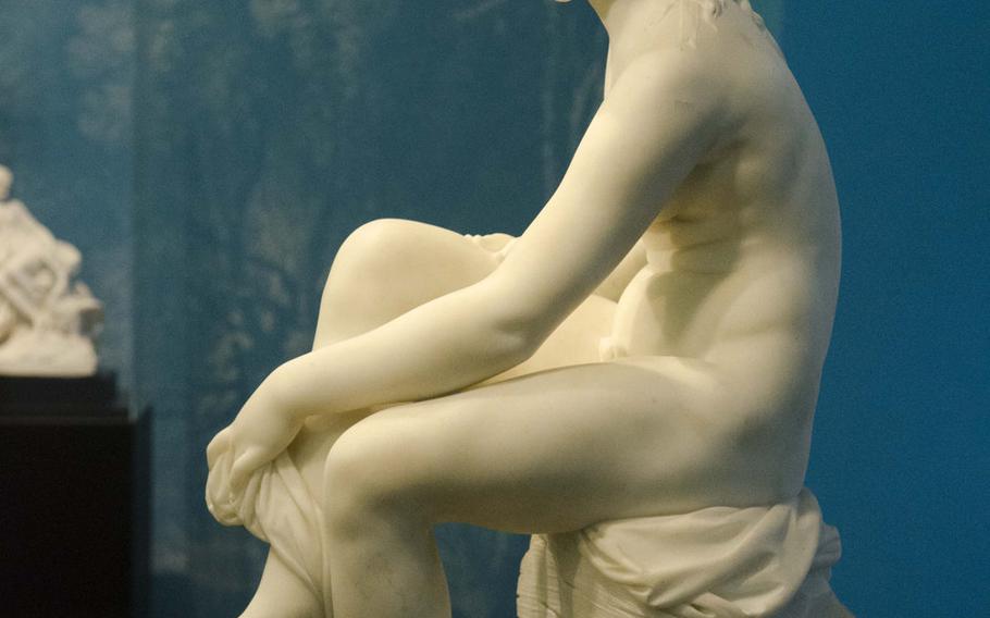 The Bathing Girl, by 18th century French Rococo sculptor Etienne-Maurice Falconet, is on display at the Liebieghaus museum in Frankfurt, Germany, until March 2016 as part of its "Dangerous Liaisons" display highlighting art of the Rococo style in France.