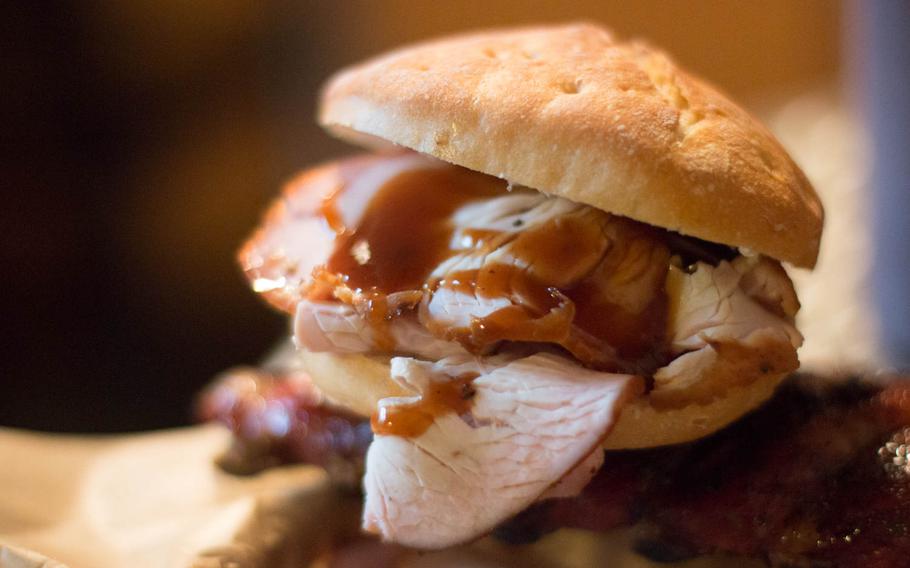 Boogie?s BBQ in Nuremberg, Germany, features American barbecue favorites, like this smoked turkey sandwich.