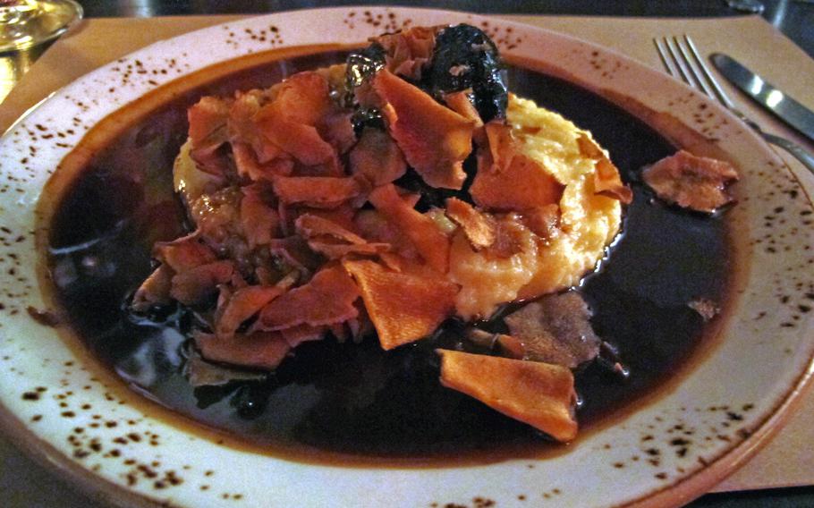 One of three main courses at Bar Borsa is beef cheeks braised in Barolo wine, served over mashed potatoes, with sunchoke chips.