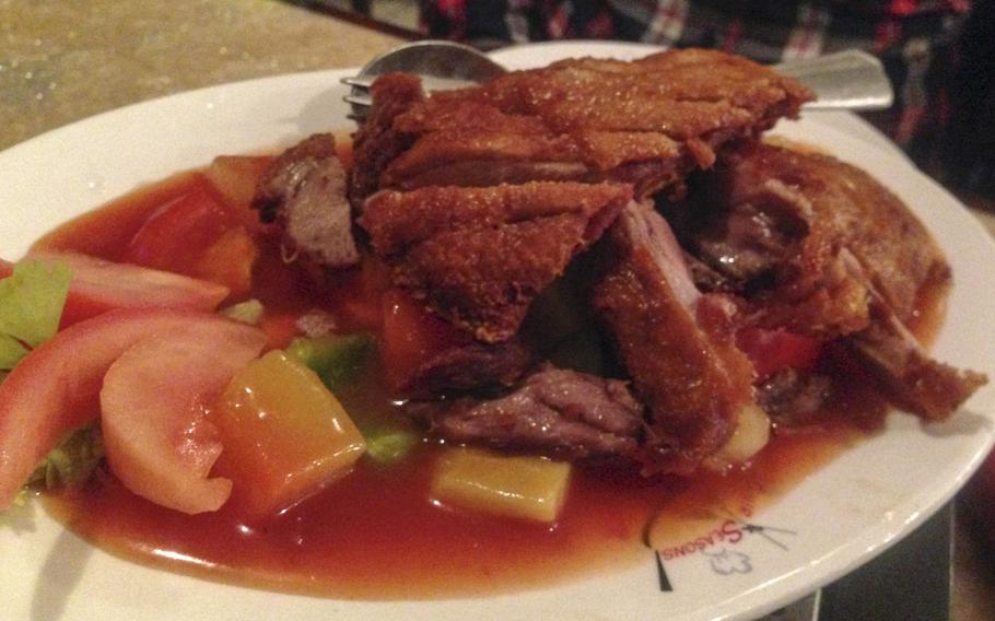 Roast duck with mangoes and vegetables in a sweet and sour sauce is one of many duck dishes available at Four Seasons Chinese restaurant in Wiesbaden. Four Seasons is primarily a buffet establishment, and most of the menu, aside from duck, is available all day at the buffet.