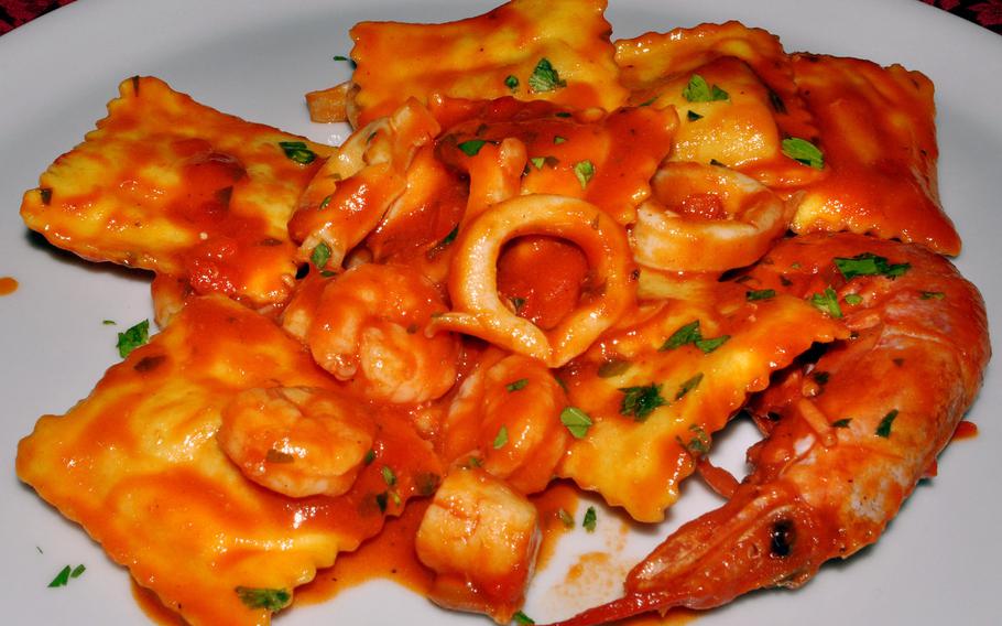 Seafood is a feature of dishes at Mama Fela. ''Ravioli of the sea'' featured seafood both in and on the raviolis.