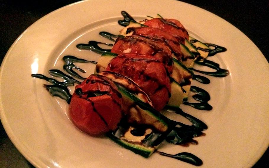 A sweet balsamic vinegar was a perfect topping for the the roasted tomatoes, baked zucchini and goat cheese appetizer.