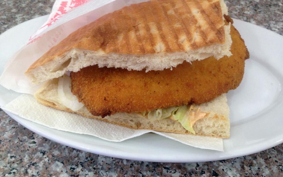 The schnitzel sandwich at Doener Time in Kaiserslautern, Germany, is a highlight of a limited but well-executed menu that includes fish sticks and chicken nuggets along with doener.