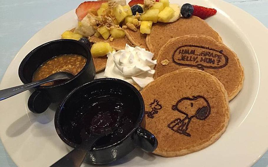 Cafe Blanket at the Snoopy Museum Tokyo serves "Peanuts"-themed food, such as these Snoopy pancakes served with whipped cream, fruit, granola, grape jelly and a sweet peanut-butter sauce.