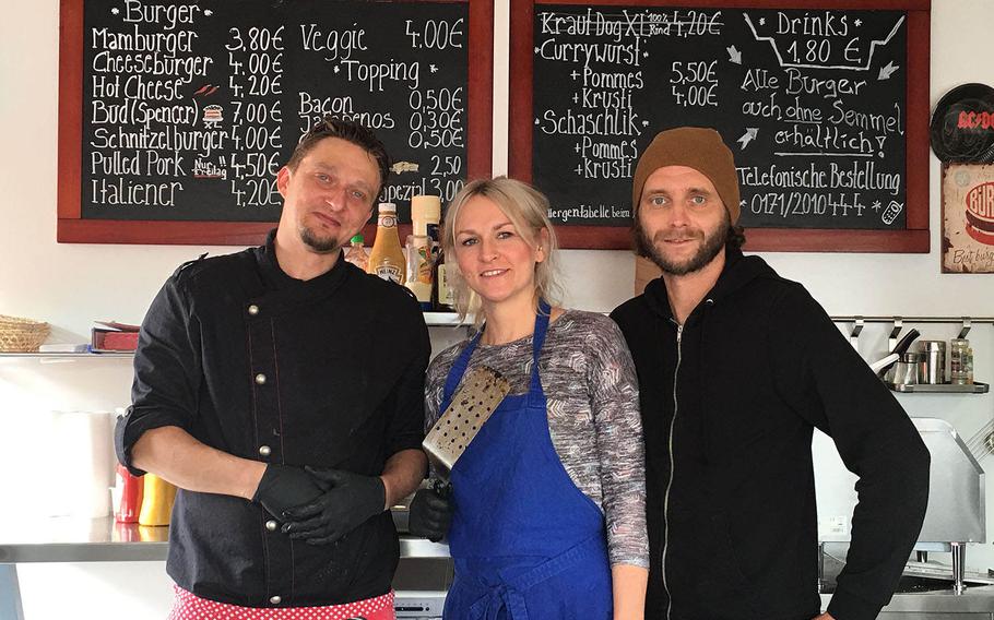 Mama's Fresh Streetfood Co. in Weiden, Germany, is locally owned and operated by Katrin Hartwich, center, who is assisted by Manuel Wittman, left, and Alexander Quardokus. The menu behind them is what they serve Monday through Fridays. Starting June 4, 2016, Mama's also will be open Saturdays.