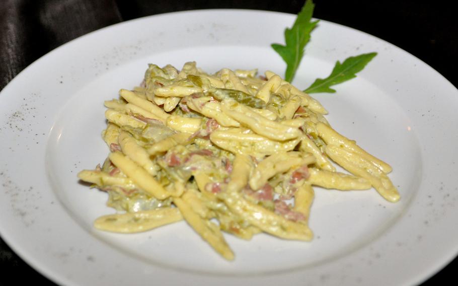 This first-course option at Trattoria Pizzeria Stella features fusillii pasta, asparagus and prosciutto.