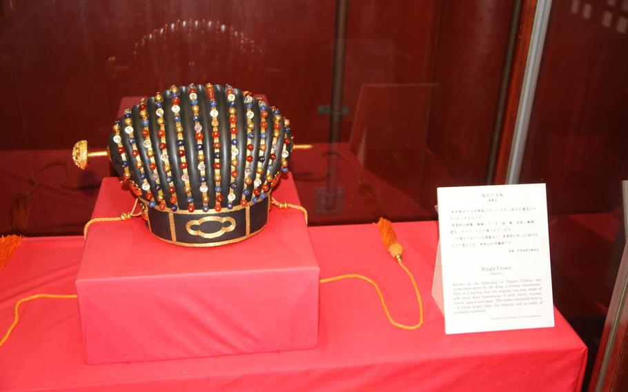 A replica of the crown of the Ryukyuan king in the Seiden's throne room at Shurijo Castle in Okinawa, Japan.