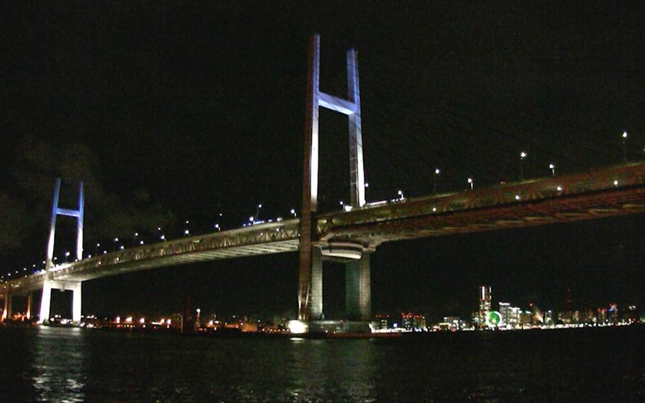 The double-deck, cable-stayed Yokohama Bay Bridge spans 460 meters across Tokyo Bay. It's part of the Shuto Expressway's Bayshore Route, and looms over the seaside Minato Mirai district.