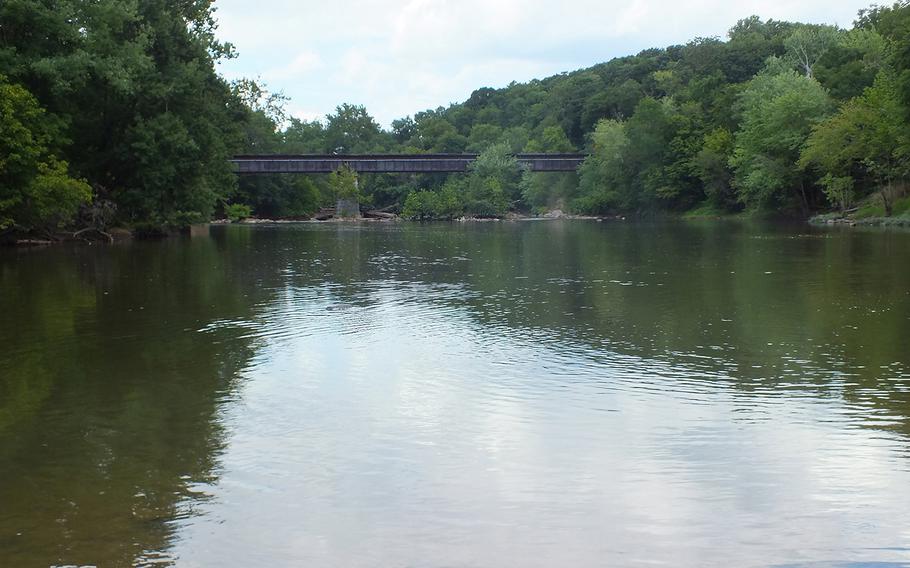 The Monocacy River, with one of the bridges defended by Union forces in the battle of Monocacy on July 9, 1864, near Frederick, Md.