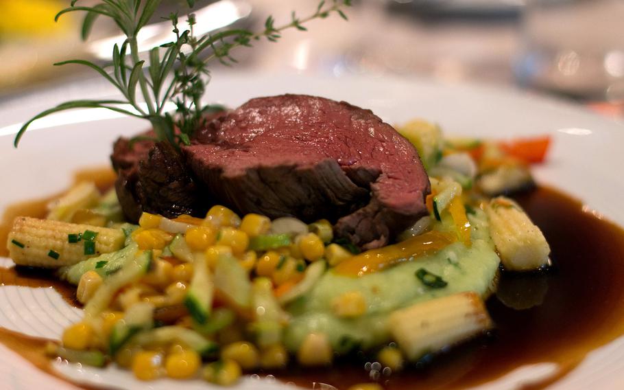 The beef tenderloin at the Glutschaufel in Eschenbach, Germany, married well with the herbed potato puree, but the addition of baby corn to the plate  was bewildering.