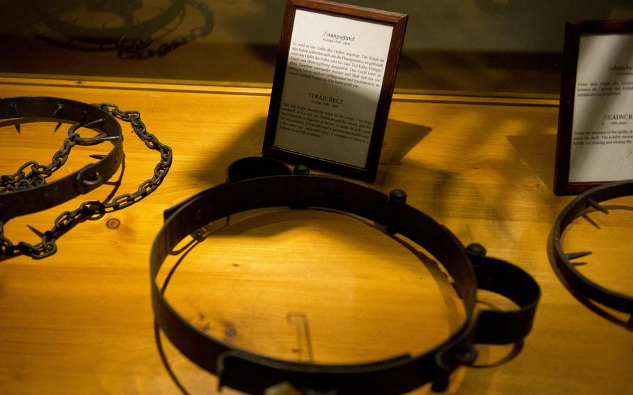 Various torture devices are on display at the Medieval Torture Museum. They include this iron belt, which was secured around the victim's waist.