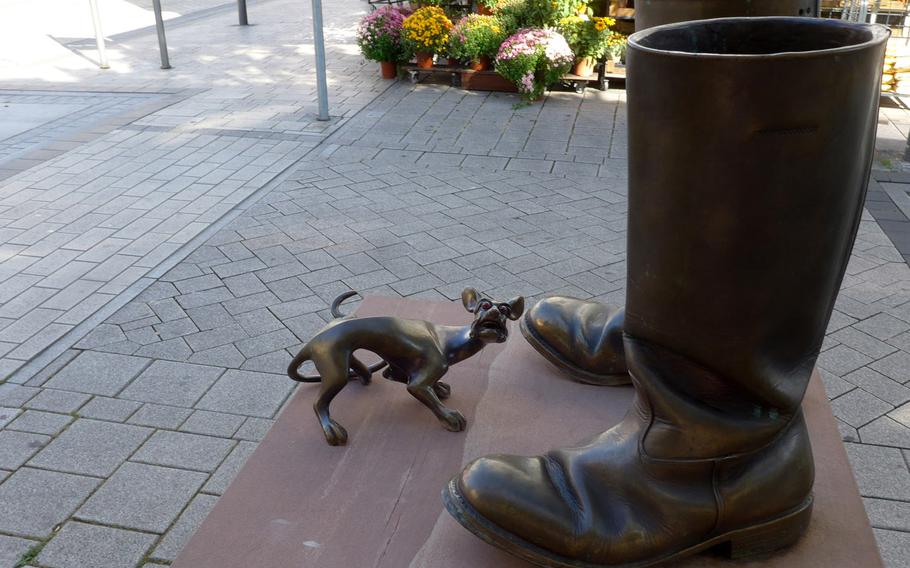 Downtown Hanau is dotted with sculptures inspired by characters from the Grimm brothers' fairy tales, like this one of "Puss in Boots."
