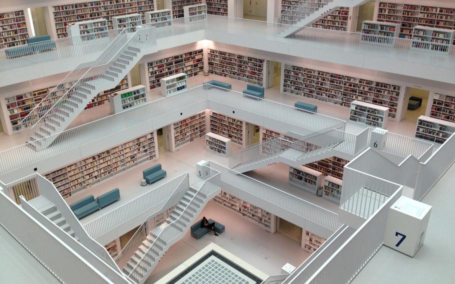 In Stuttgart's Stadtbibliothek, the city's public library, the top half of the building is an open gallery, giving a view of several floors. The library opened in 2011 as part of an effort to redevelop an area north of the main train station.