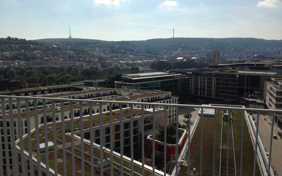 From the top of Stuttgart's public library, you can take in a panorama of the city in all directions. To the south, is the Stuttgart TV Tower in the distance.