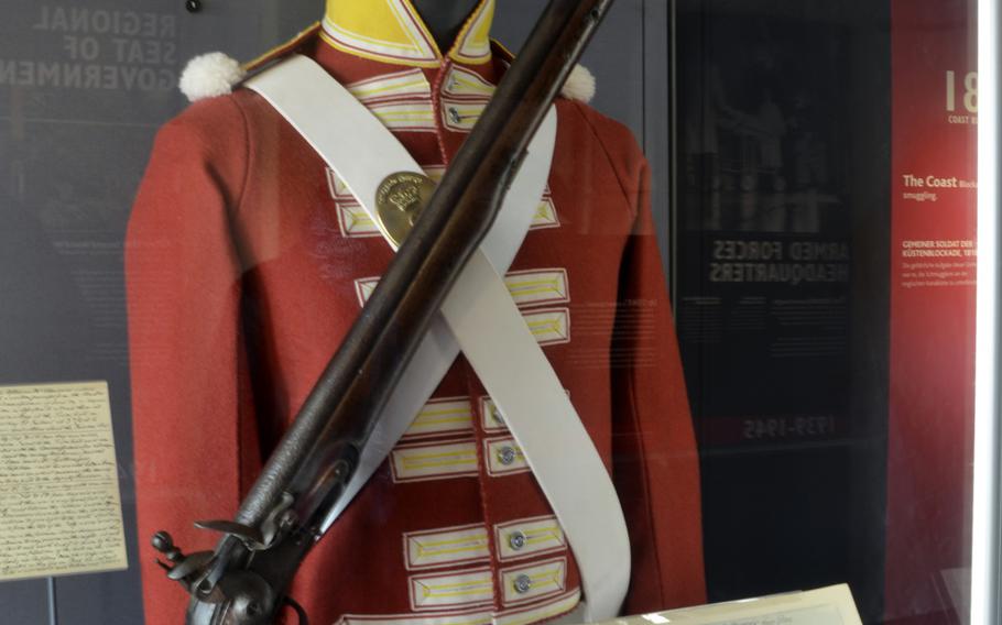 The uniform of a British ?red coat? private soldier from the 6th Regiment of Foot on display at Dover Castle in Kent, England. The regiment occupied the castle briefly in 1806.