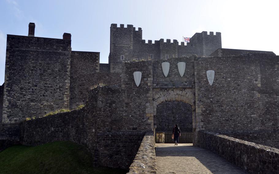 A fortified entrance leading to the great tower at Dover Castle in Kent, England. In the 1180s, Henry II remodeled the castle with a central great tower intended to entertain guests and serve as a strategic redoubt.