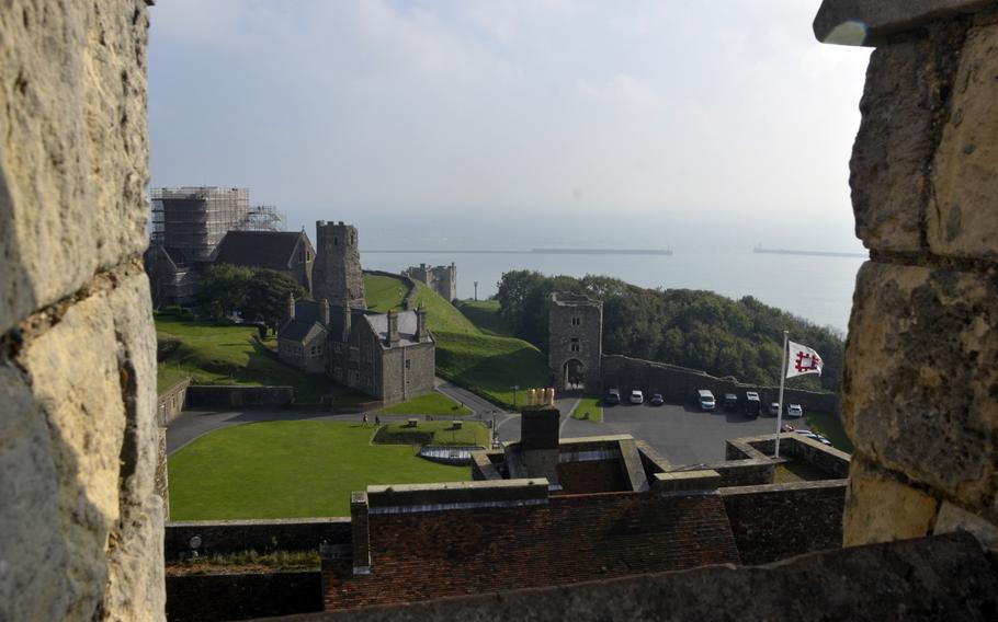 A view of the English Channel from the top of the central great tower at Dover Castle in Kent, England. The tower offers a 360 degree view.