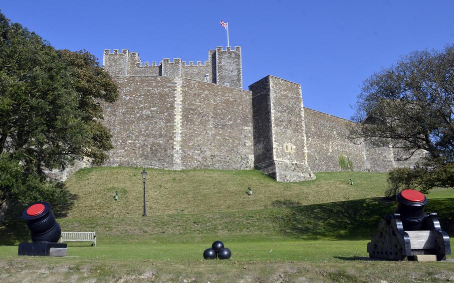 The defensive fortifications around the central great tower at Dover Castle in Kent, England. Successive defensive rings surrounding the great tower were added through the first half of the 13th century under King John and Henry III.