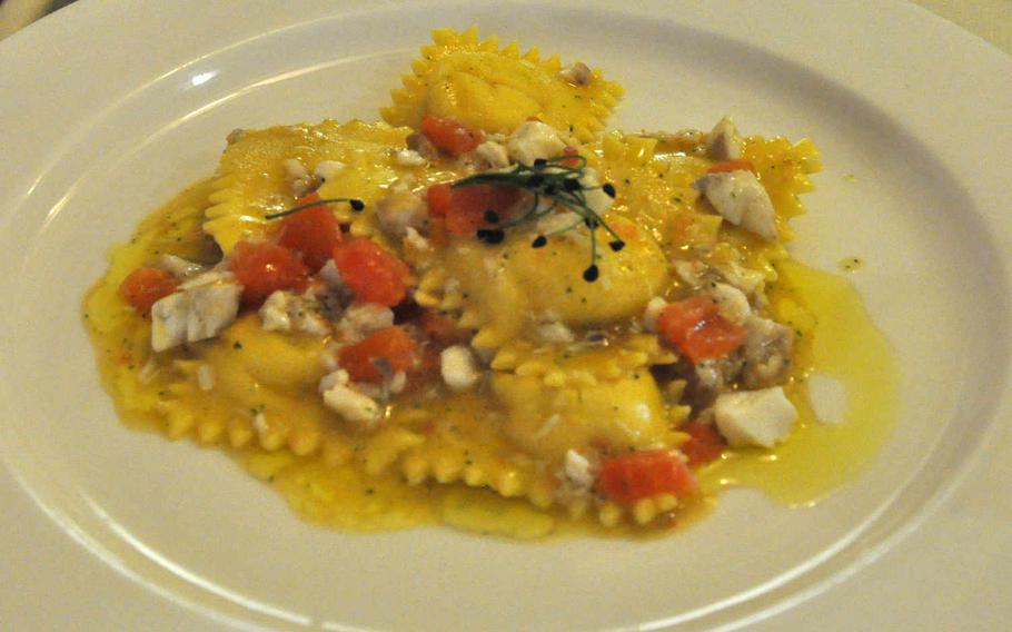 This ravioli dish has filling of potatoes, fish and cheese. It was one of a half-dozen first-course options at Perche.

Kent Harris/Stars and Stripes