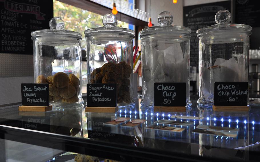 Jars of cookies stand on the counter at the Santa Monica Pastry Shop. The restaurant and coffee shop opened in spring 2016.