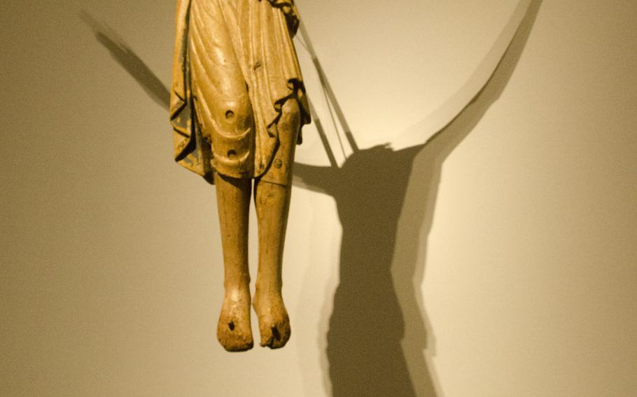 The Walsdorf Crucifix on display at Museum Wiesbaden in Wiesbaden, Germany. The 12th-century wooden sculpture is part of the museum's "Old Masters" collection, comprising medieval and early Renaissance art in northern Europe.