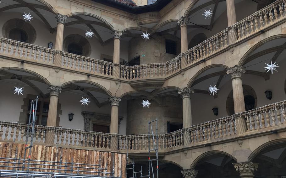 Here, the courtyard of the Landesmuseum Wuerrtemberg is being decorated for the Christmas season.