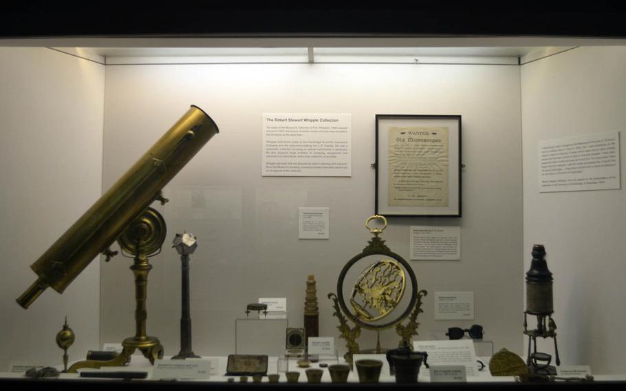 A display of scientific instruments at the Whipple Museum of the History of Science. The free admission museum houses an extensive collection of scientific instruments, models, pictures, prints, photographs, books and other material related to the history of science.