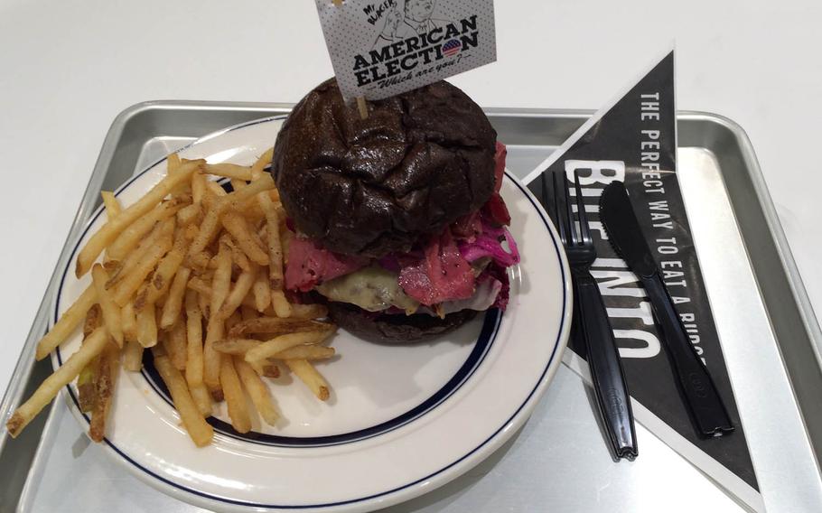 J.S. Foodies' Mr. Burger is a Donald Trump-inspired dish that includes a meat patty with a peppered pastrami Ruben, American Swiss cheese, Russian dressing and red cabbage on a rye bun.