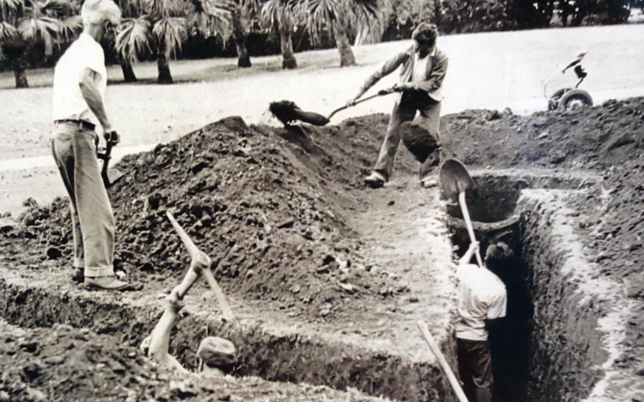 In anticipation of further attacks by the Japanese after Dec. 7, 1941, numerous trenches were dug in Honolulu, such as this one at Central Union Church as shown in an undated photo on display at the Bishop Museum in Honolulu.